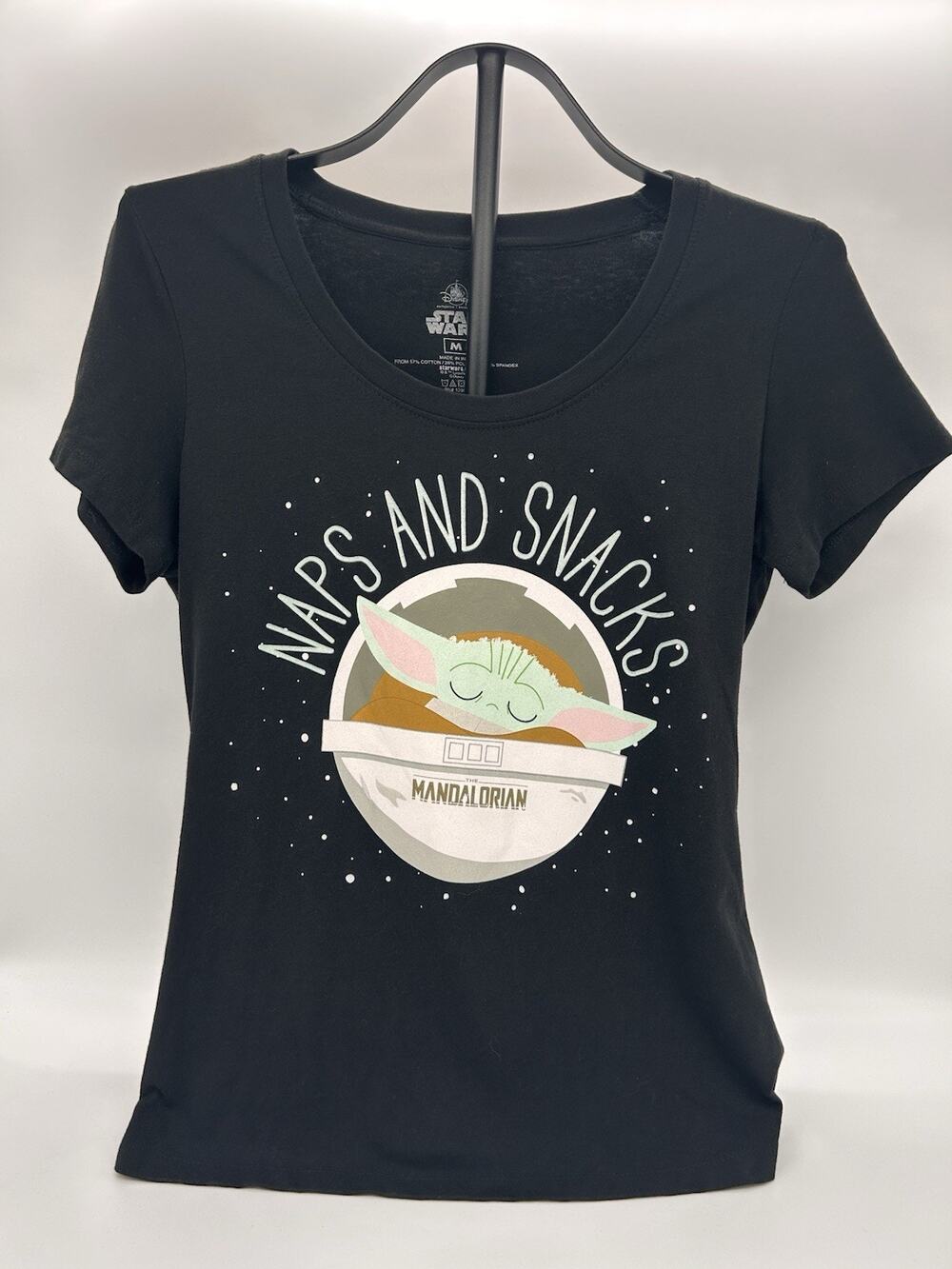 Star Wars Mandalorian Grogu Naps and Snacks T-Shirt Womens Medium Black